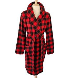 Wonder Shop Holiday Robe Red Black Plaid Poly Tie Close Hand Pockets Adult L NEW